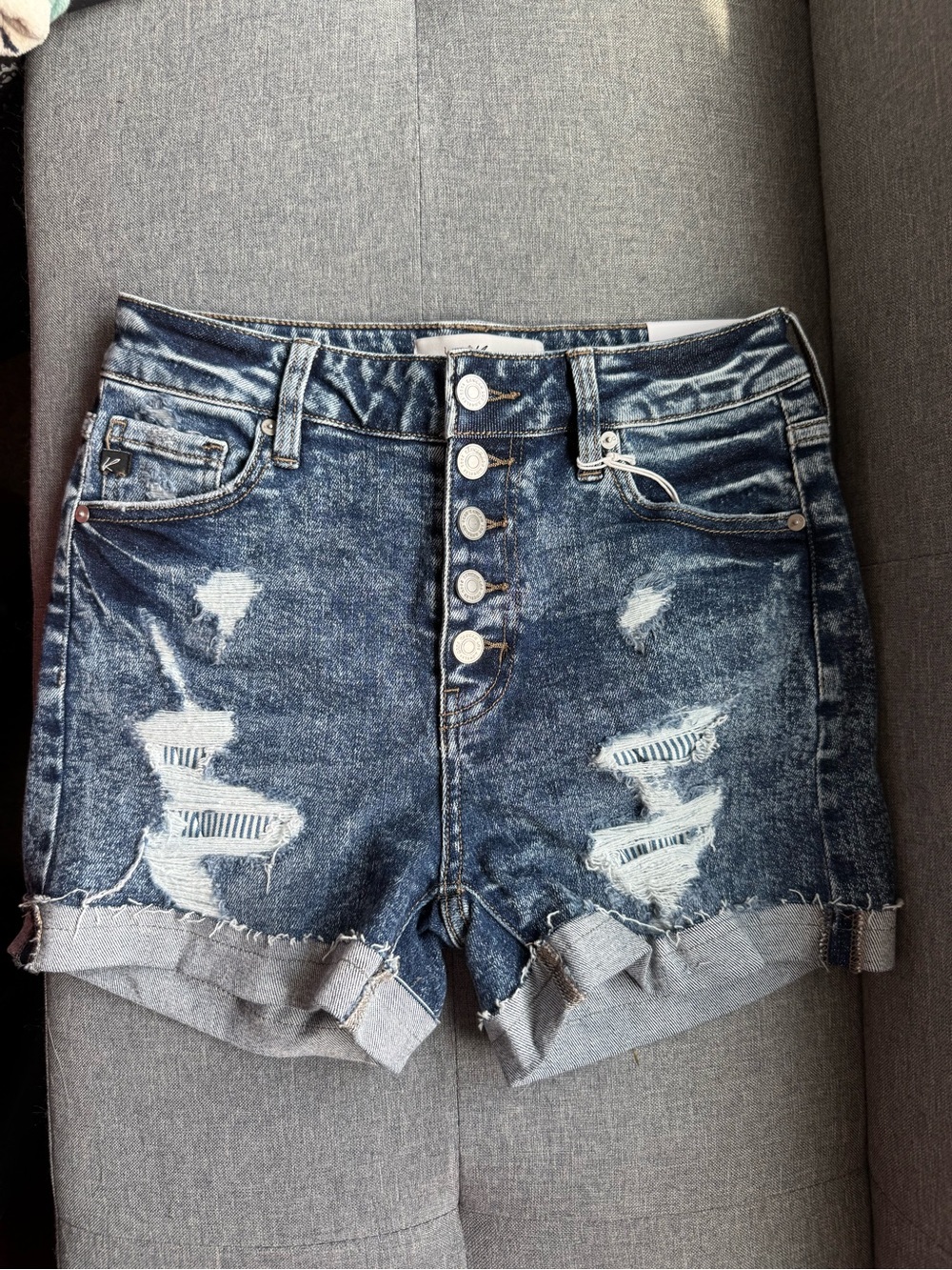 KanCan Dark Wash Distressed Button-Front Denim Shorts